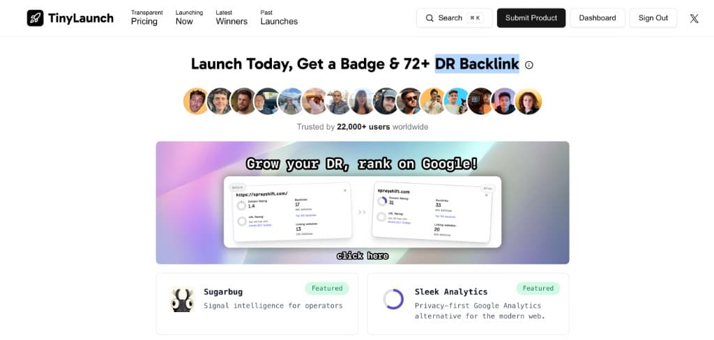 TinyLaunch homepage screenshot