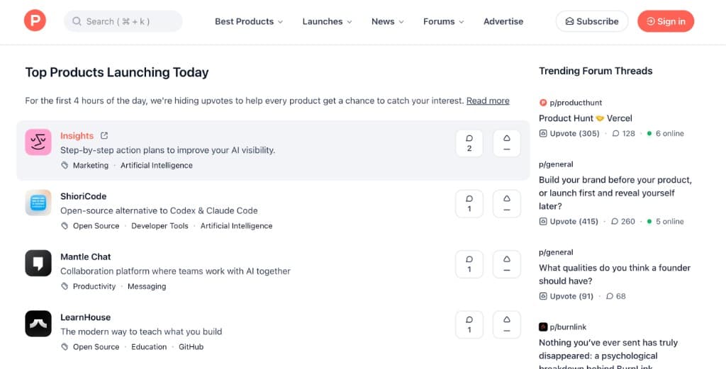 Product Hunt homepage screenshot
